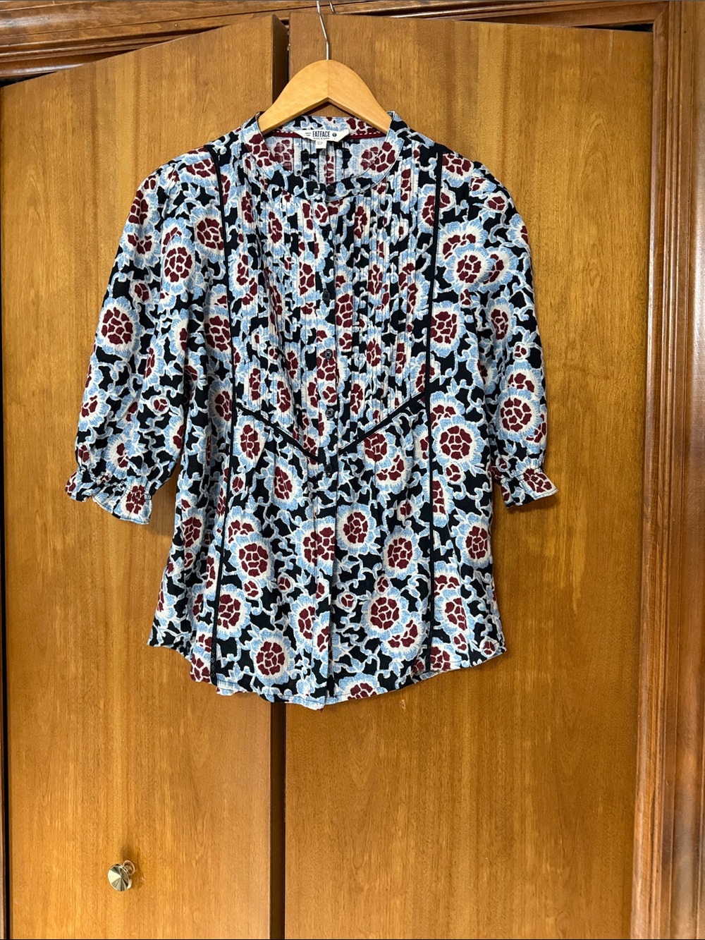 Floral Pintuck Blouse in Light Blue and Burgundy